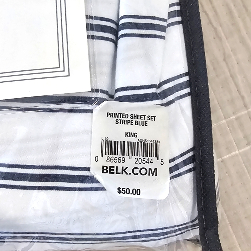 "Modern. Southern. Home." King Size Sheet Set. Navy And White Stripe. - Picture 4 of 5